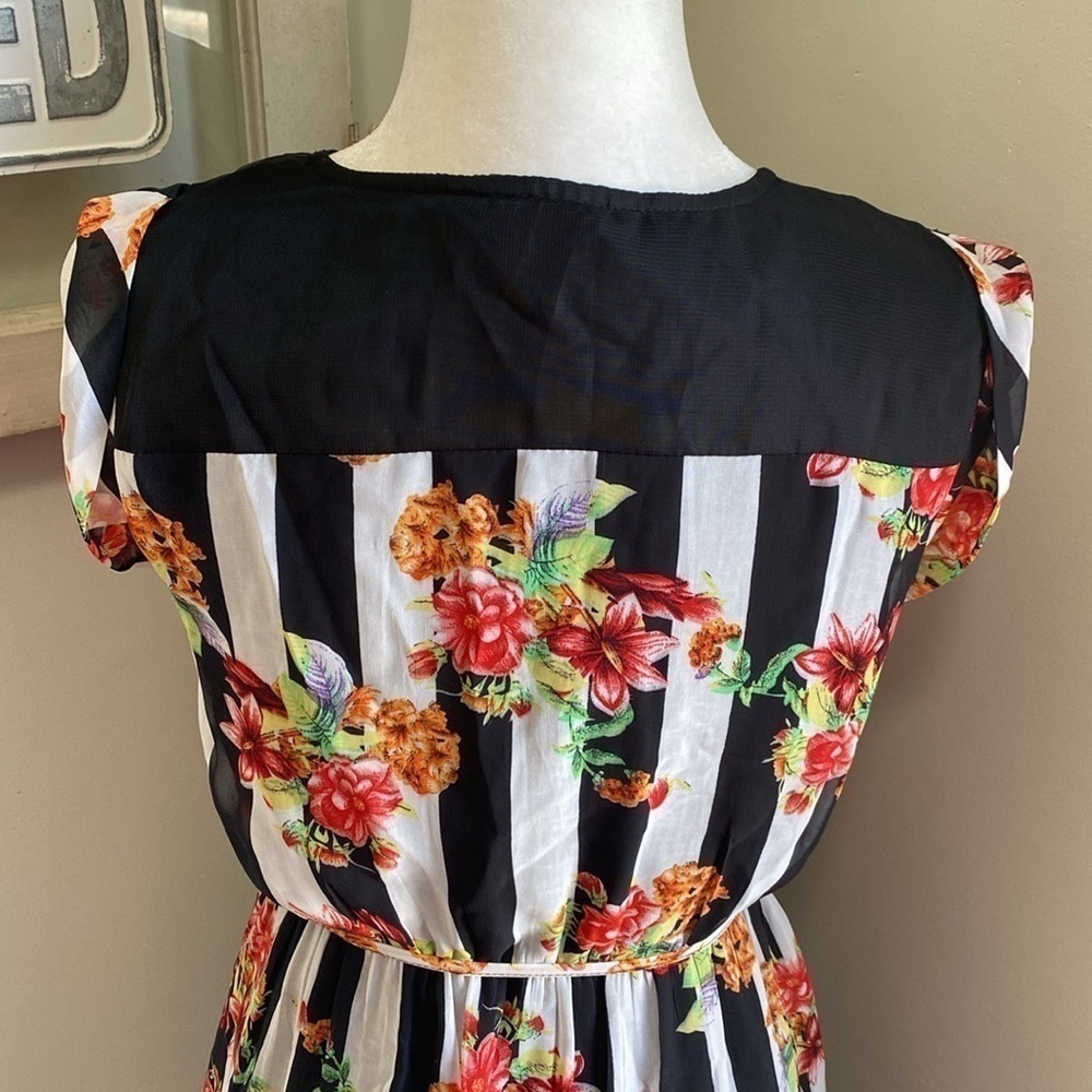 TULLE Floral Stripes Chiffon Tie Waist Dress Black White Red Green Orange - Picture 8 of 10